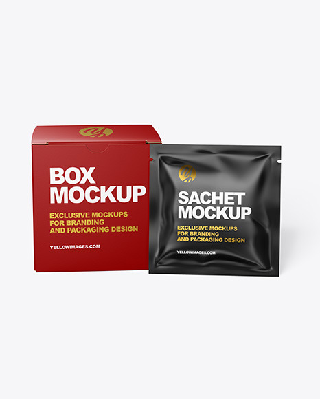 Box with Glossy Sachet Mockup - Front View