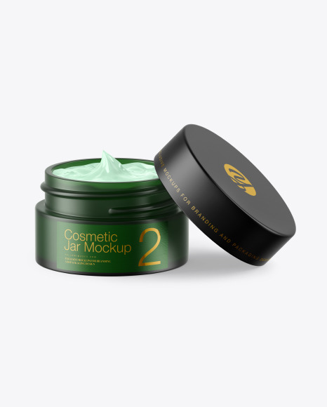 Opened Dark Frosted Green Glass Cosmetic Jar Mockup