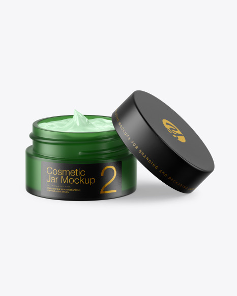 Opened Frosted Green Glass Cosmetic Jar Mockup