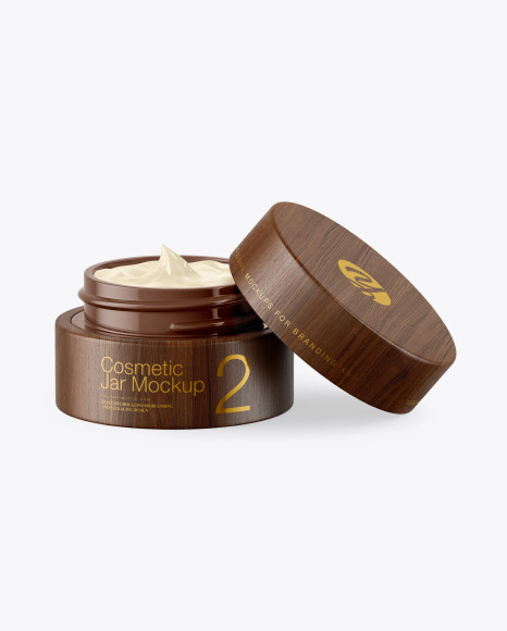 Opened Glossy Cosmetic Jar in Wooden Shell Mockup