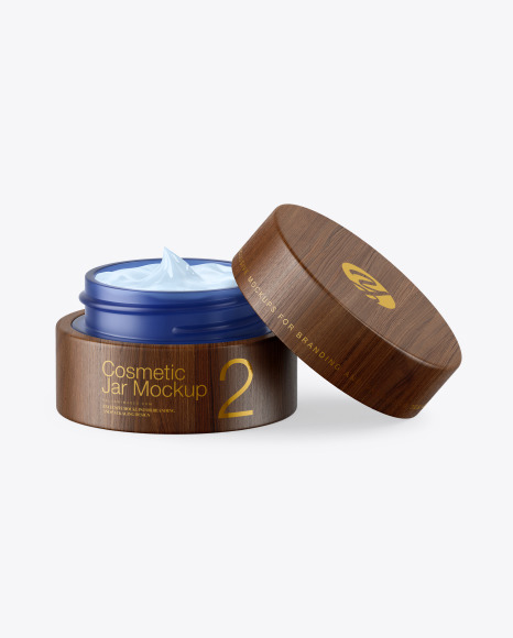Opened Blue Frosted Glass Cosmetic Jar in Wooden Shell Mockup