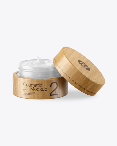 Opened Frosted Glass Cosmetic Jar in Wooden Shell Mockup