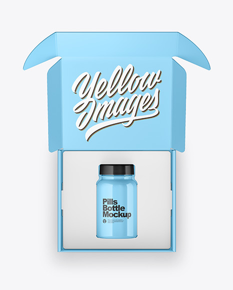 Opened Glossy Box with Pills Bottle Mockup