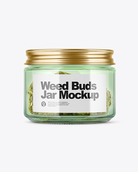 Green Glass Jar with Weed Buds Mockup