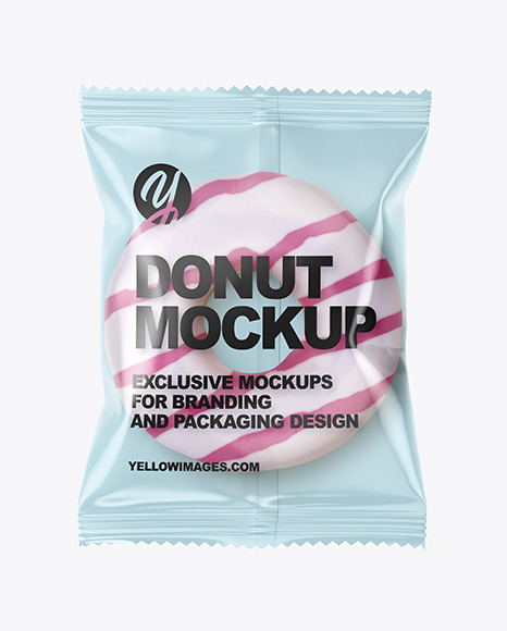 Clear Plastic Bag With White Glazed Donut With Pink Stripes Mockup
