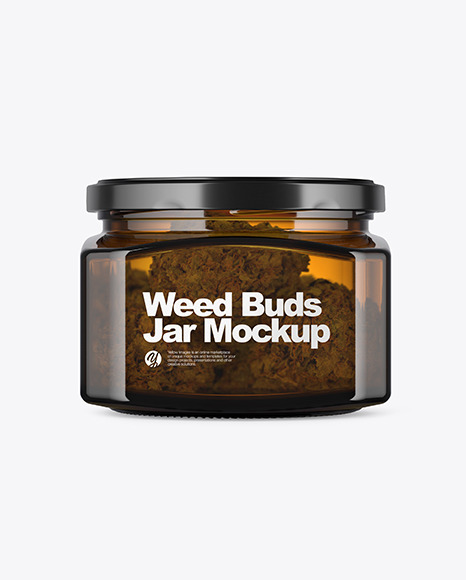 Square Amber Glass Jar with Weed Buds Mockup