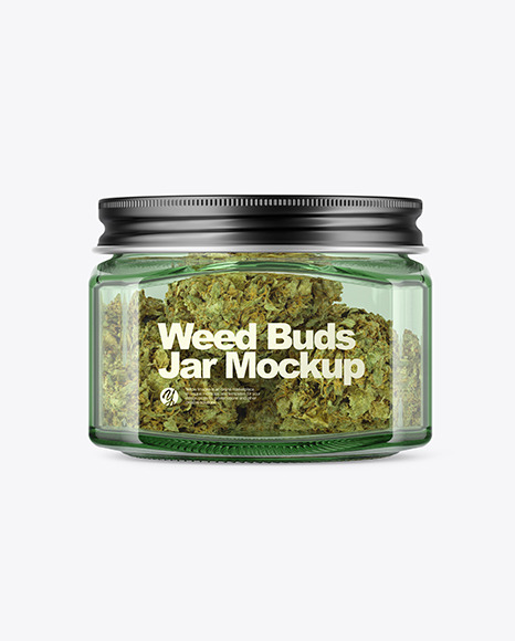 Square Green Glass Jar with Weed Buds Mockup