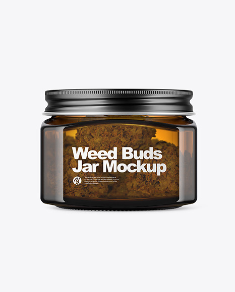 Square Amber Glass Jar with Weed Buds Mockup