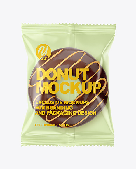 Plastic Bag With Chocolate Glazed Donut with Orange Stripes Mockup