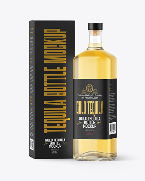 Golden Tequila Bottle with Box Mockup