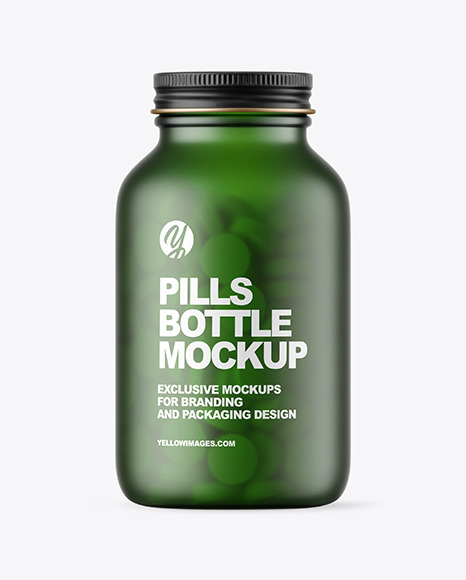 Frosted Green Glass Pills Bottle Mockup