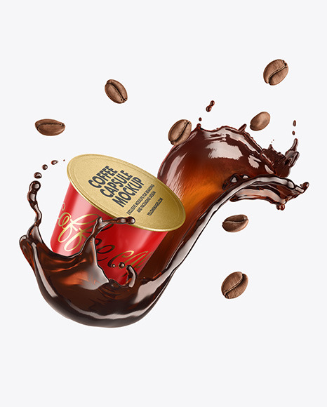 Coffee Capsule With Coffee Splash And Beans Mockup