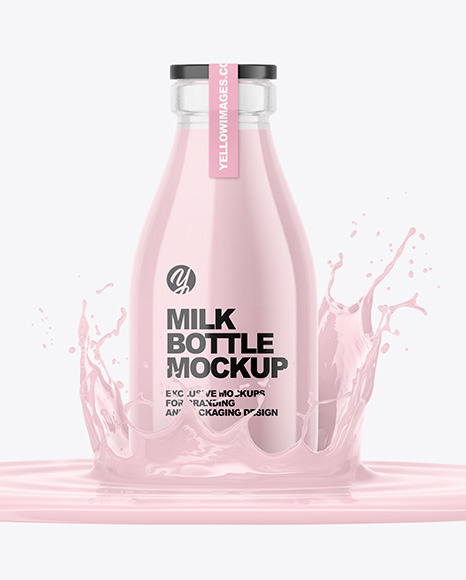 Clear Glass Dairy Bottle with Splash Mockup