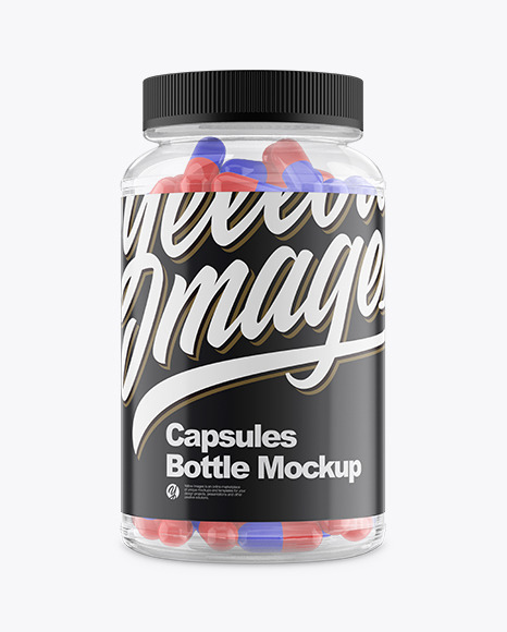 Clear Glass Bottle with Capsules Mockup - Front View