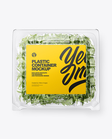 Transparent Plastic Container with Arugula Mockup - Top View