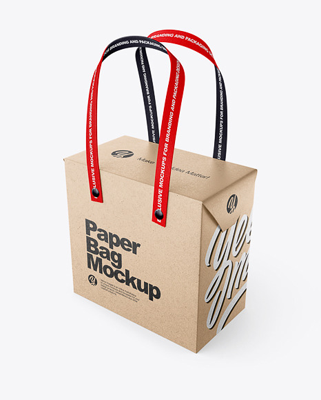 Kraft Paper Box Bag with Textile Handles Mockup - Half Side View