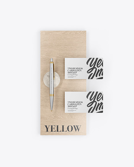 Two Business Cards & Pen with Wood Mockup