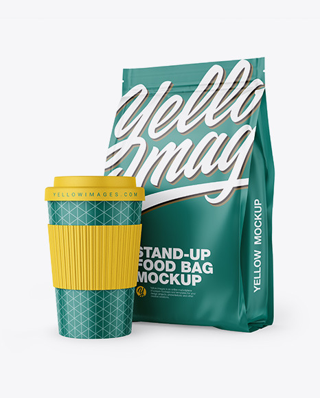 Matte Stand-Up Bag with Coffee Cup Mockup