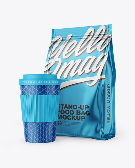 Metallic Stand-Up Bag with Coffee Cup Mockup