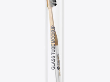 Glass Tube With Wooden Toothbrush Mockup - Front View