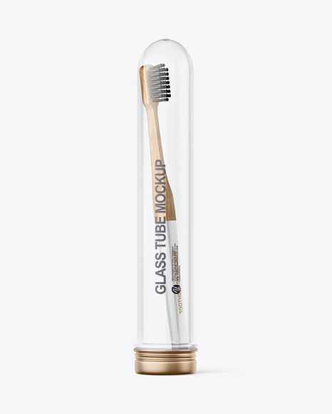 Glass Tube With Wooden Toothbrush Mockup - Front View