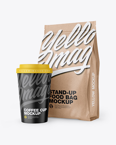 Kraft Stand-Up Bag with Coffee Cup Mockup