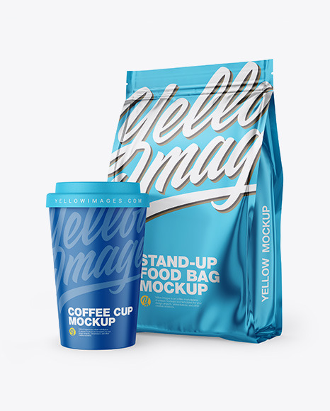 Metallic Stand-Up Bag with Coffee Cup Mockup