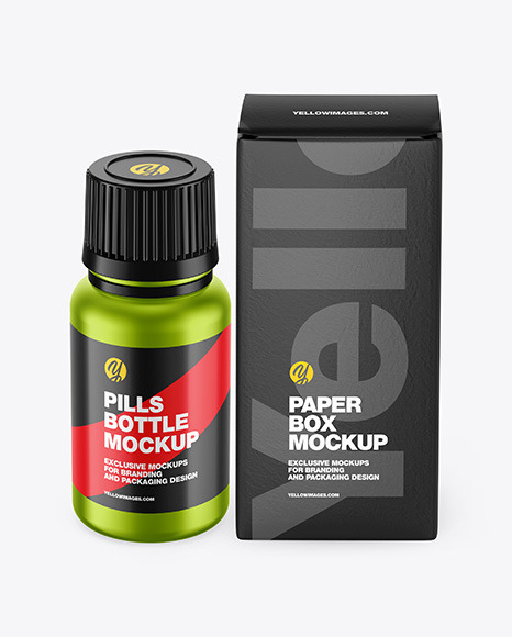 Metallic Pills Bottle W/ Paper Box Mockup