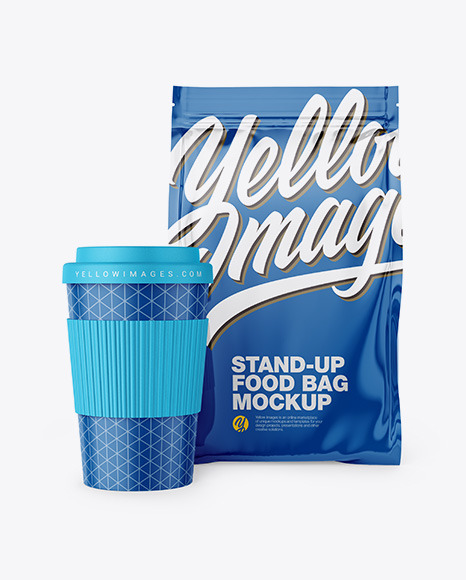 Glossy Stand-Up Bag with Coffee Cup Mockup