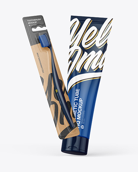 Kraft Toothbrush w/ Glossy Cosmetic Tube Mockup