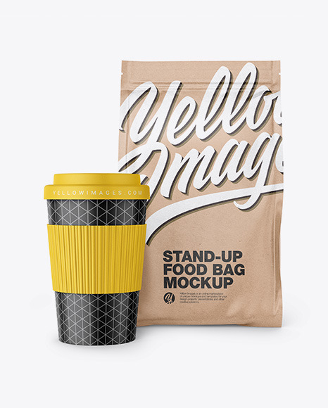 Kraft Stand-Up Bag with Coffee Cup Mockup