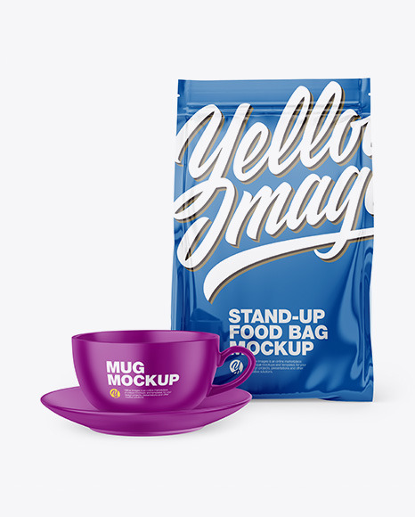 Glossy Stand-Up Bag with Coffee Mug Mockup