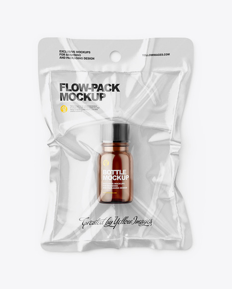 Vacuum Flow-Pack With Small Amber Glass Bottle Mockup - Top View