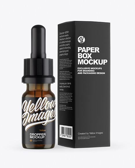 Amber Glass Dropper Bottle with Paper Box Mockup