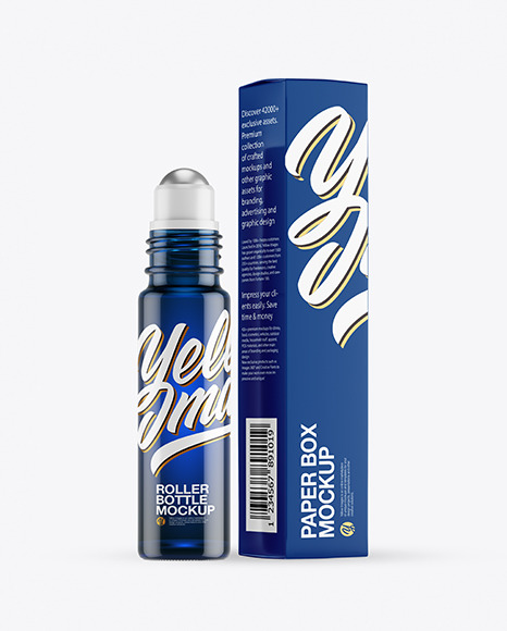 Blue Glass Roller Bottle with Box Mockup