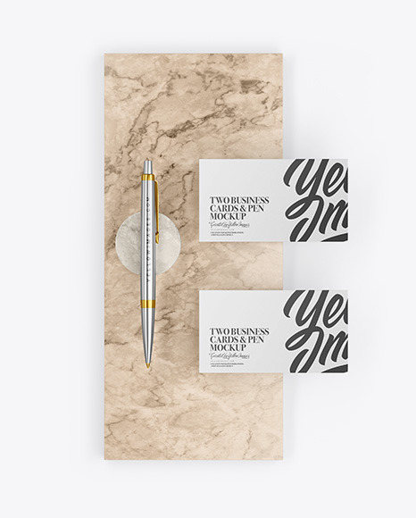 Two Business Cards & Pen with Marble Mockup