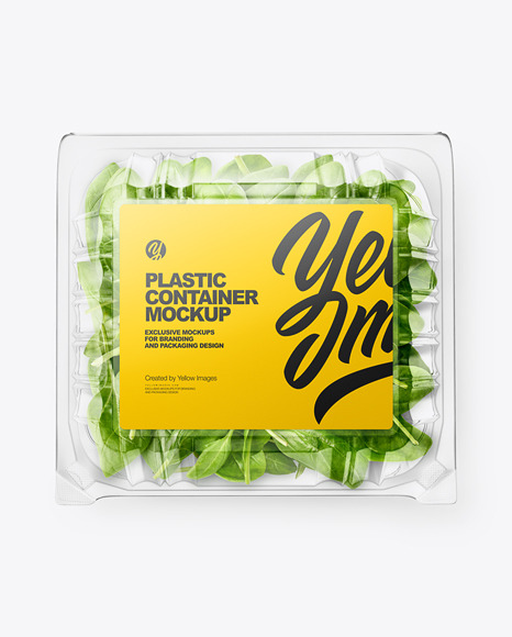 Transparent Plastic Container with Green Spinach Leaves Mockup - Top View