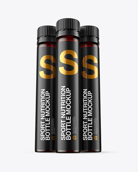 Three 25ml Red Frosted Sport Nutrition Bottles Mockup