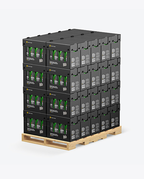 Wooden Pallet with Glossy Bottles in Paper Boxes  Mockup