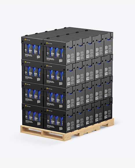 Wooden Pallet with Matte Bottles in Paper Boxes Mockup