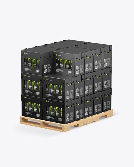 Wooden Pallet with Metallic Bottles in Paper Boxes Mockup