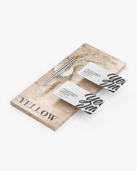 Two Business Cards & Pen with Marble Mockup