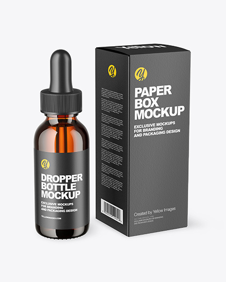 Amber Glass Dropper Bottle with Paper Box Mockup