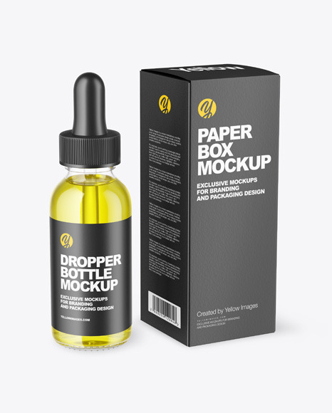 Glass Dropper Oil Bottle with Paper Box Mockup