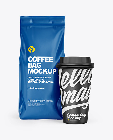 Glossy Coffee Bag with Cup  Mockup -  Front View