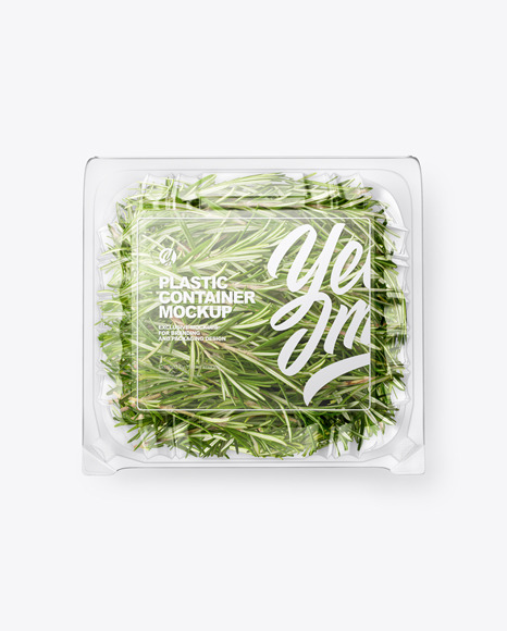 Transparent Plastic Container with Green Rosemary Leaves Mockup - Top View