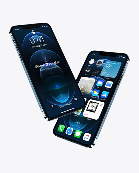 Two Apple iPhones 12 Pro Max Pacific Blue Mockup