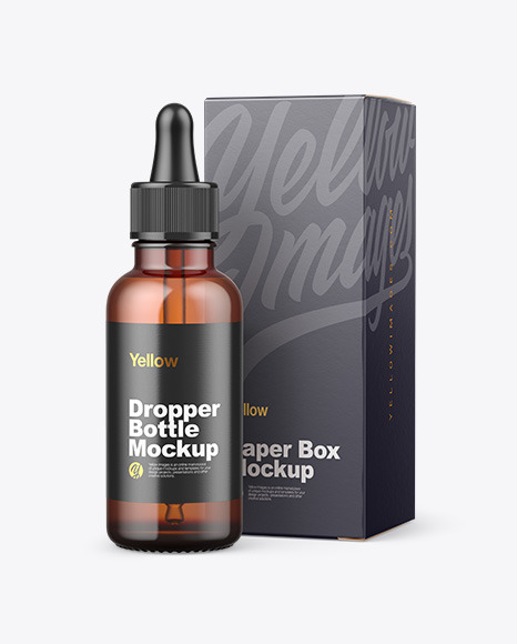 Amber Glass Dropper Bottle w/ Paper Box Mockup