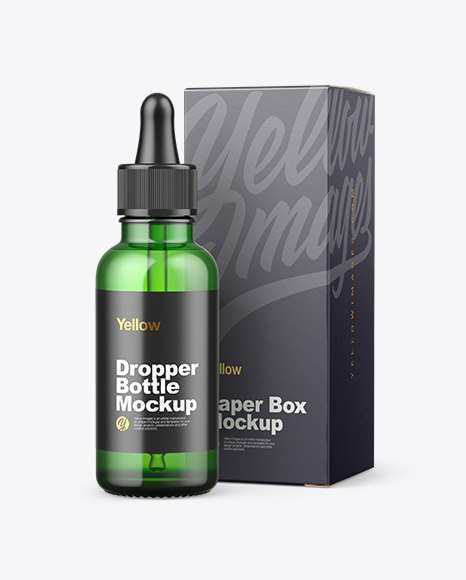 Green Glass Dropper Bottle w/ Paper Box Mockup