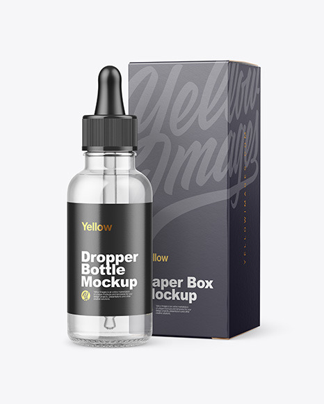Clear Glass Dropper Bottle w/ Paper Box Mockup